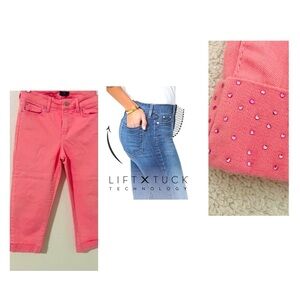 NYDJ Sz 4 Lift Tuck Technology Pink Stretch Crop Jeans Embellished Cuffs NWOT